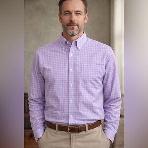 GS Men’s Purple Plaid Button-Down Shirt Classic Fit Wrinkle-Free Size 20 34/35